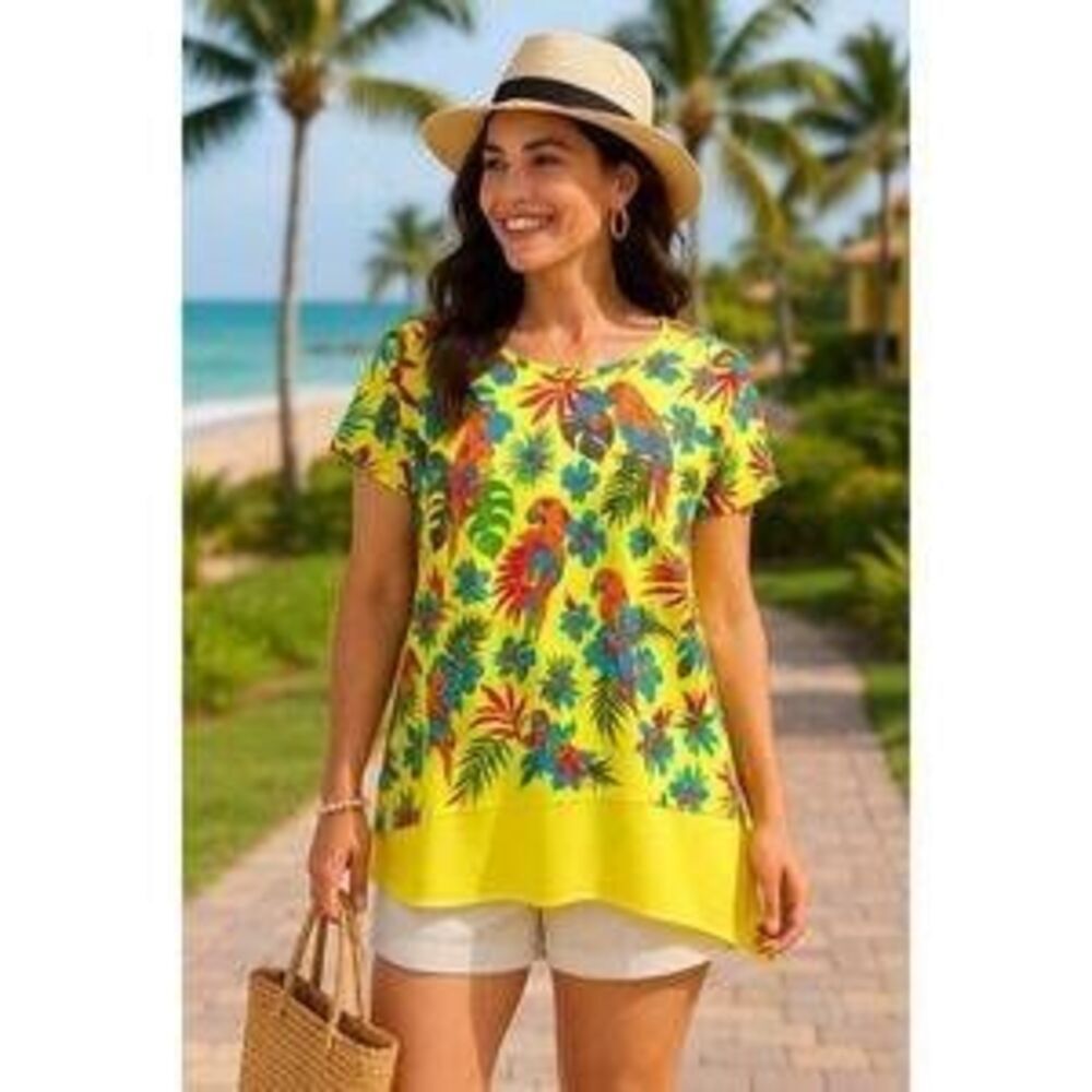 Lemon Way Yellow Parrot Tropical Print Tunic Tee 1x Resort Coastal Hawaii Cruise